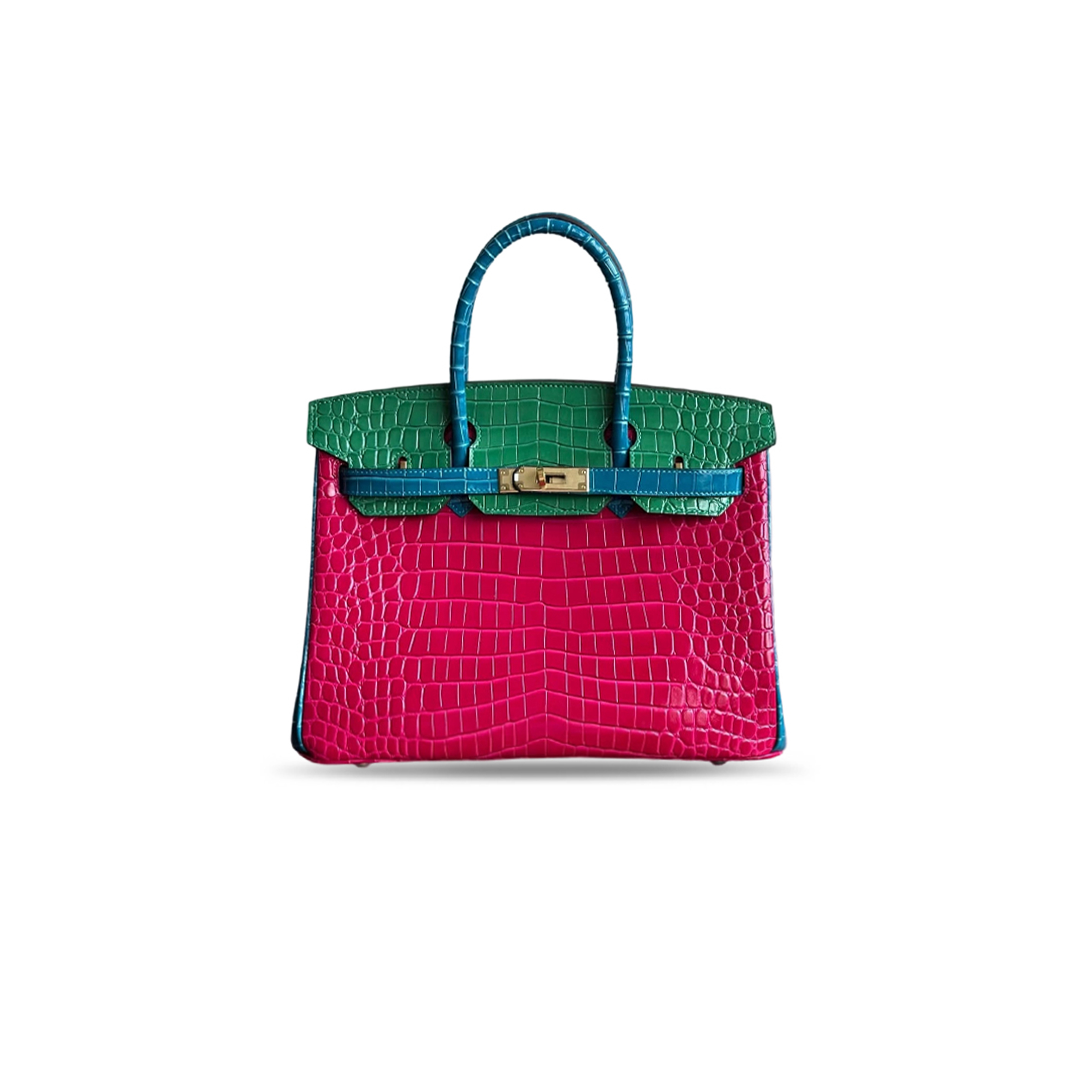 H**mes MASTER SHINY ROSE SCHÉHÉRAZADE, VERT ÉMERAUDE & BLEU IZMIR NILOTICUS CROCODILE TRI-COLOR BIRKIN 30 WITH BRUSHED GOLD HARDWARE (30*22*16cm)